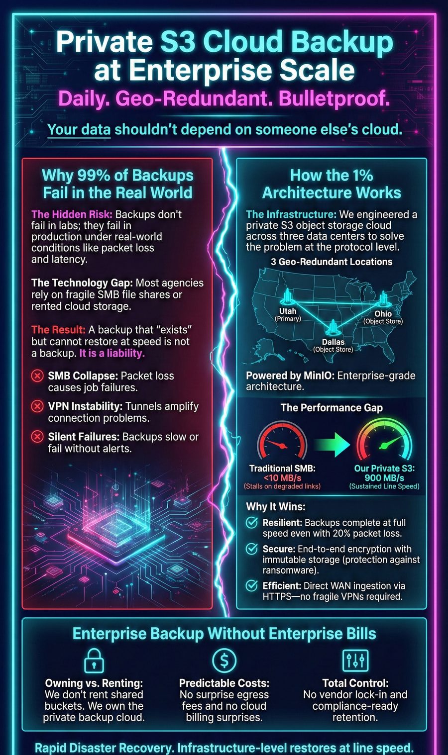 Private S3 cloud backup at enterprise scale: daily, geo-redundant backups across three data centers