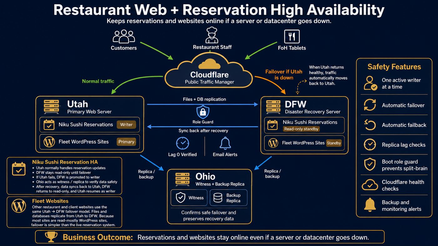Restaurant web and reservation high availability architecture: Cloudflare traffic manager, Utah primary, DFW disaster recovery, Ohio witness